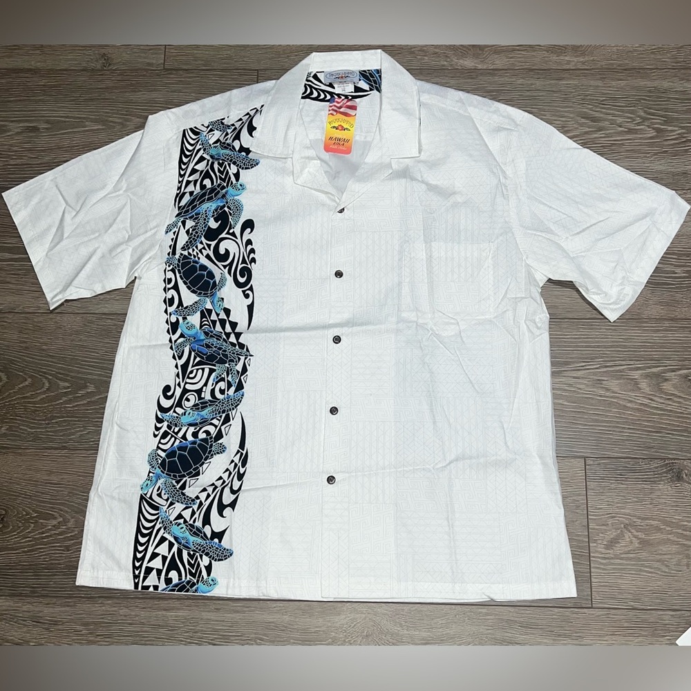 PacificLegend White and Blue Casual Button Down Shirt Tribal turtle pattern